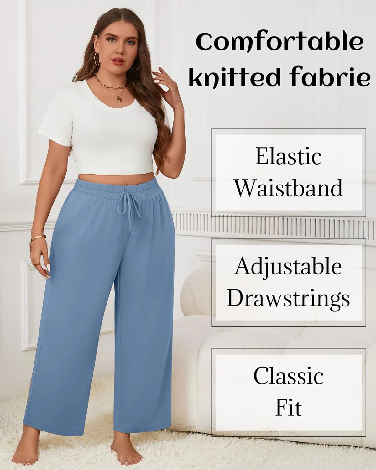 Neer 3 Pack Women's Plus Size Wide Leg Pants, Elastic Waist Lounge Pants with Pockets Drawstring Casual Pj Yoga Sweatpants