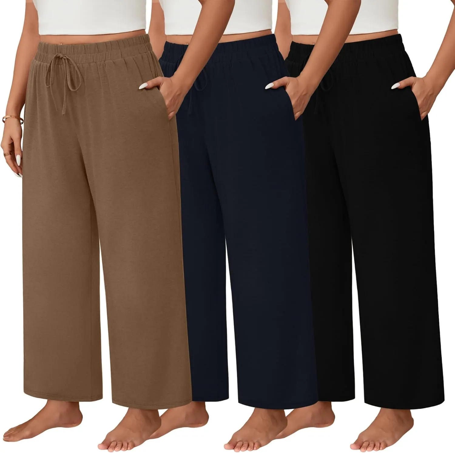 Neer 3 Pack Women's Plus Size Wide Leg Pants, Elastic Waist Lounge Pants with Pockets Drawstring Casual Pj Yoga Sweatpants