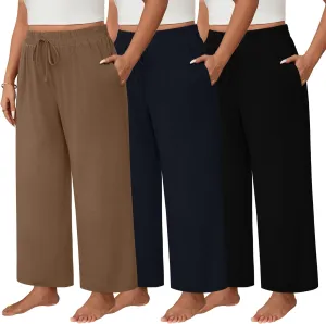 Neer 3 Pack Women's Plus Size Wide Leg Pants, Elastic Waist Lounge Pants with Pockets Drawstring Casual Pj Yoga Sweatpants