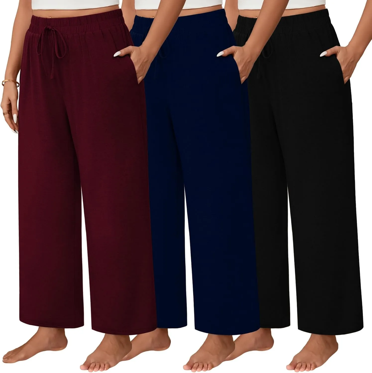 Neer 3 Pack Women's Plus Size Wide Leg Pants, Elastic Waist Lounge Pants with Pockets Drawstring Casual Pj Yoga Sweatpants