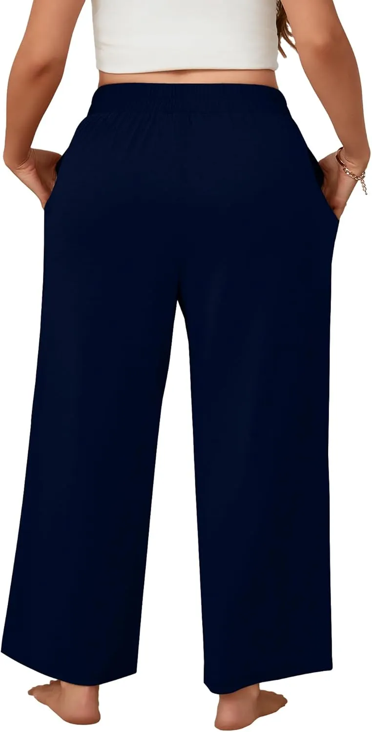 Neer 3 Pack Women's Plus Size Wide Leg Pants, Elastic Waist Lounge Pants with Pockets Drawstring Casual Pj Yoga Sweatpants