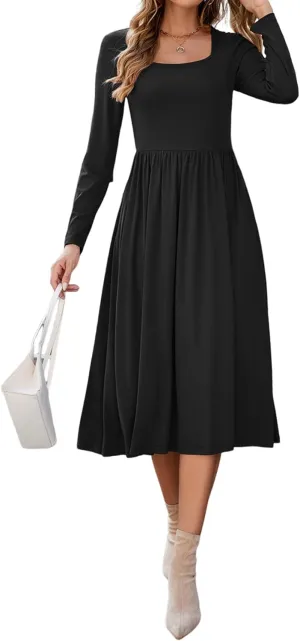 Newshows Women's Summer Square Neck Ribbed Knit Short/Long Sleeve A Line Flowy Midi Dress with Pockets
