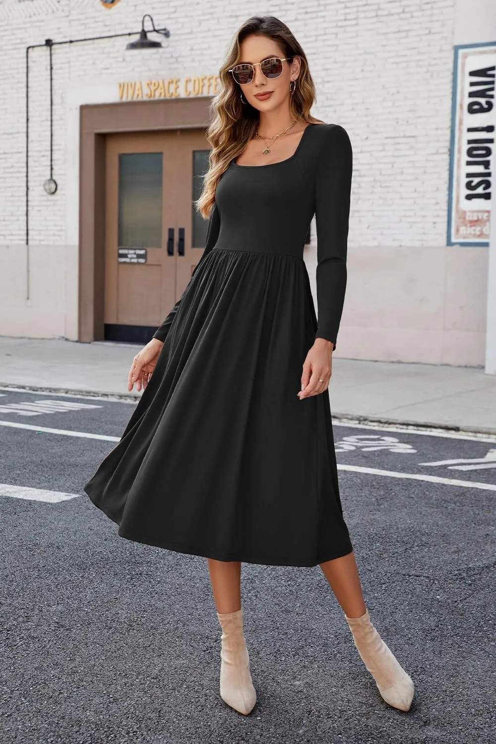 Newshows Women's Summer Square Neck Ribbed Knit Short/Long Sleeve A Line Flowy Midi Dress with Pockets