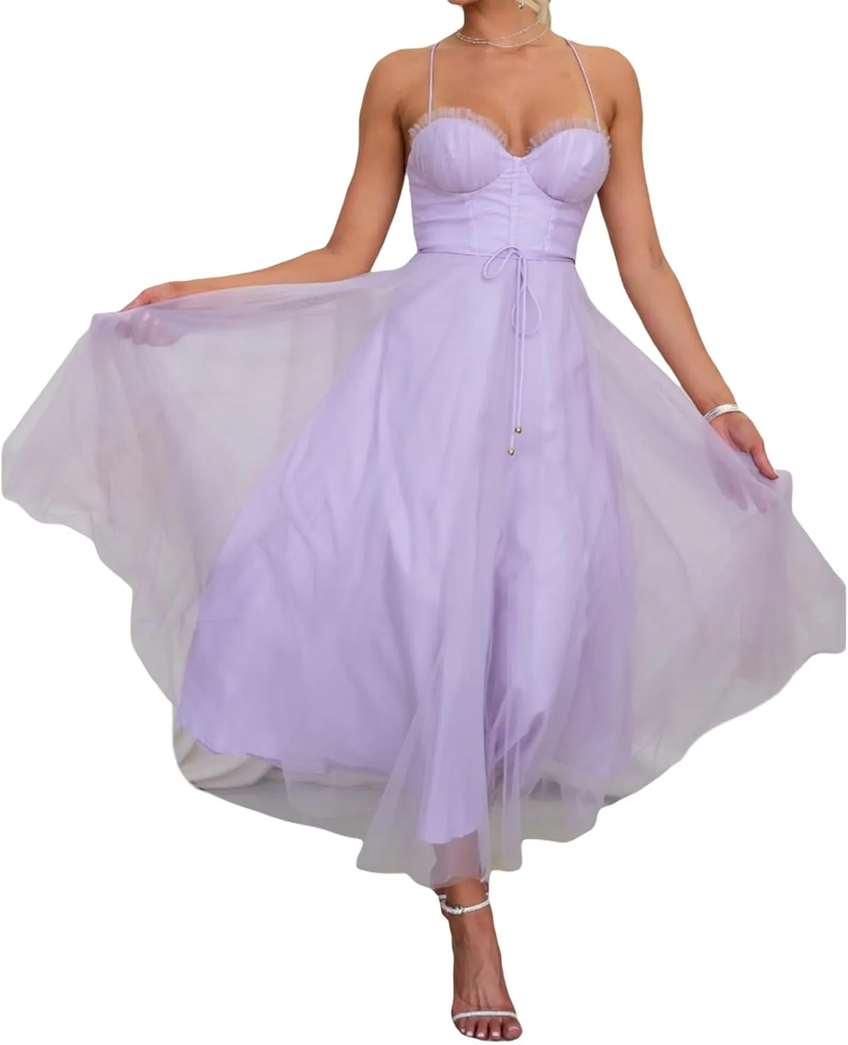 NUFIWI Women Spaghetti Strap Bridal Dress Sweetheart Neck Bustier Mini Dress Chiffon Tulle Wedding Guest Long Dress