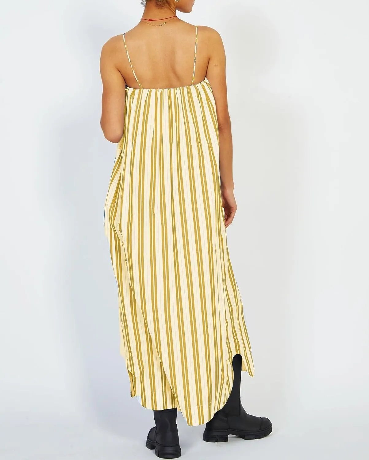 NUFIWI Women Summer Striped Maxi Dress Spaghetti Strap Color Block Long Dress Backless Flowy Swing Beach Sundress