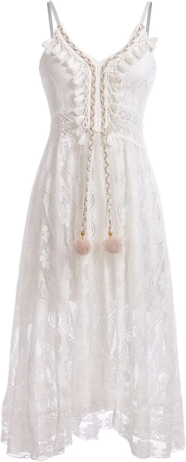 OBEEII Boho Dress for Women, Sleeveless V Neck Lace Up Tassel Summer Beach Maxi Dresses Flowy Long Sundress