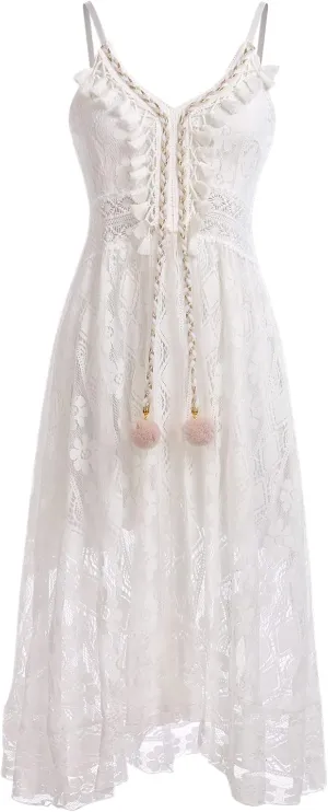 OBEEII Boho Dress for Women, Sleeveless V Neck Lace Up Tassel Summer Beach Maxi Dresses Flowy Long Sundress