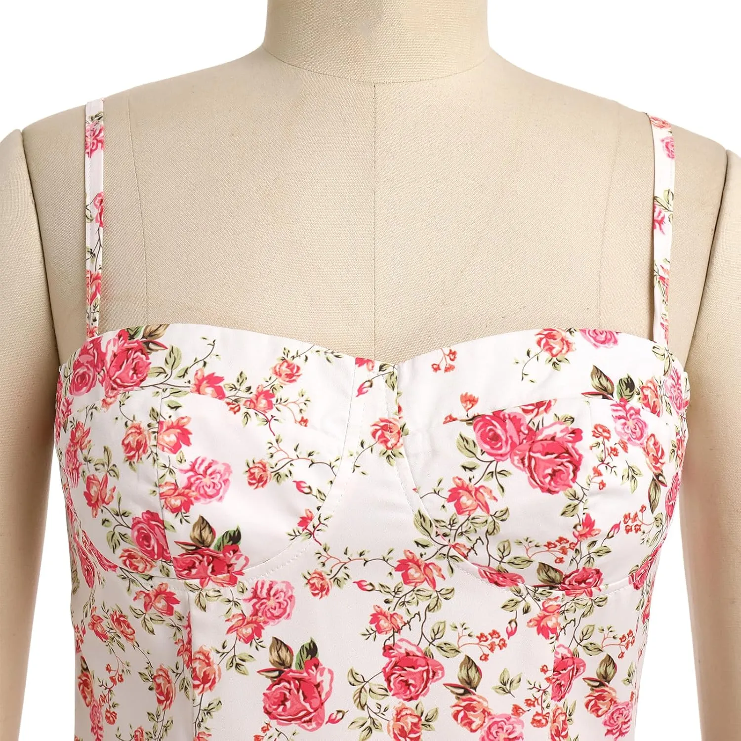 OBEEII Women Corset Dress Floral Bustier Midi Dress Flowy Spaghetti Straps Low Cut Summer Sun Dress