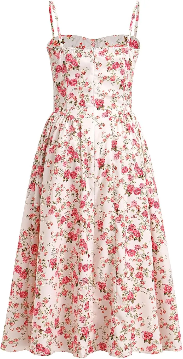OBEEII Women Corset Dress Floral Bustier Midi Dress Flowy Spaghetti Straps Low Cut Summer Sun Dress