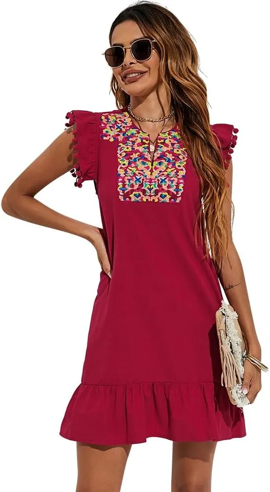 OBEEII Women's Boho Floral Embroidered Dress V Neck Ruffle Sleeveless Shift Dress Flowy Casual Summer Mini Dress