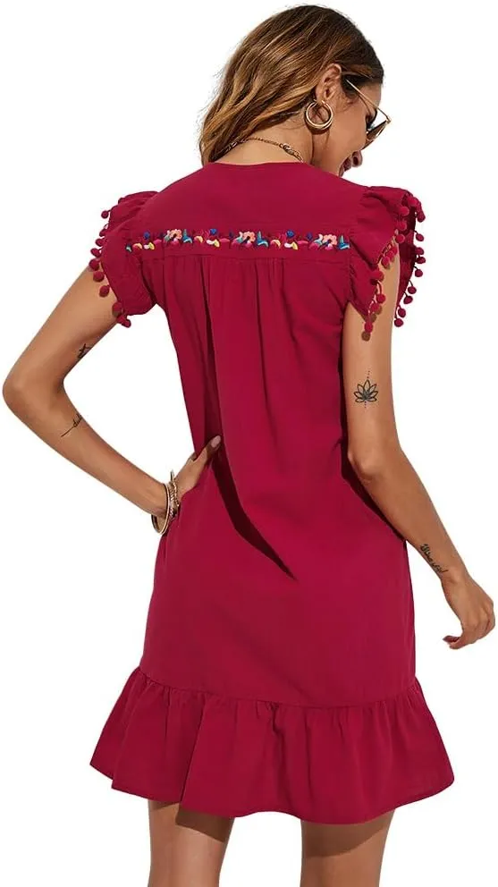 OBEEII Women's Boho Floral Embroidered Dress V Neck Ruffle Sleeveless Shift Dress Flowy Casual Summer Mini Dress