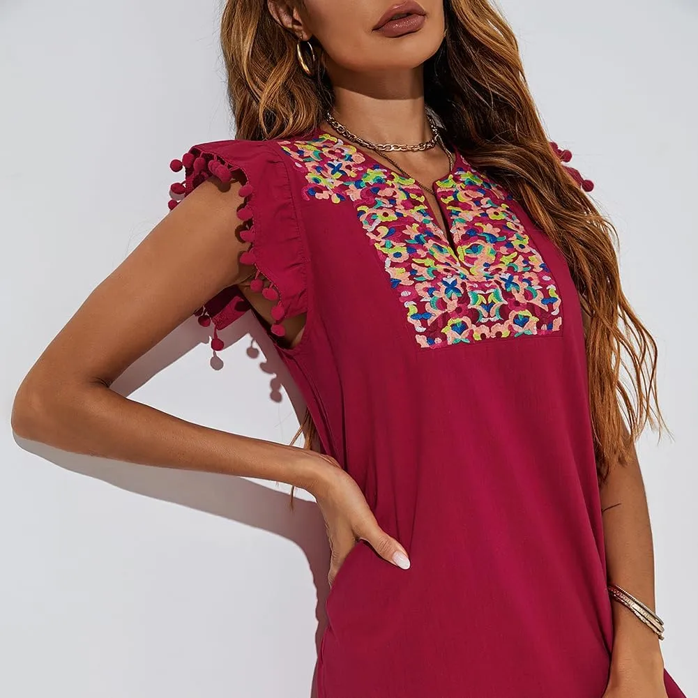 OBEEII Women's Boho Floral Embroidered Dress V Neck Ruffle Sleeveless Shift Dress Flowy Casual Summer Mini Dress