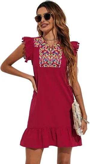 OBEEII Women's Boho Floral Embroidered Dress V Neck Ruffle Sleeveless Shift Dress Flowy Casual Summer Mini Dress