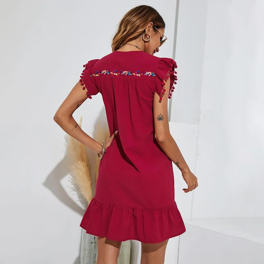 OBEEII Women's Boho Floral Embroidered Dress V Neck Ruffle Sleeveless Shift Dress Flowy Casual Summer Mini Dress