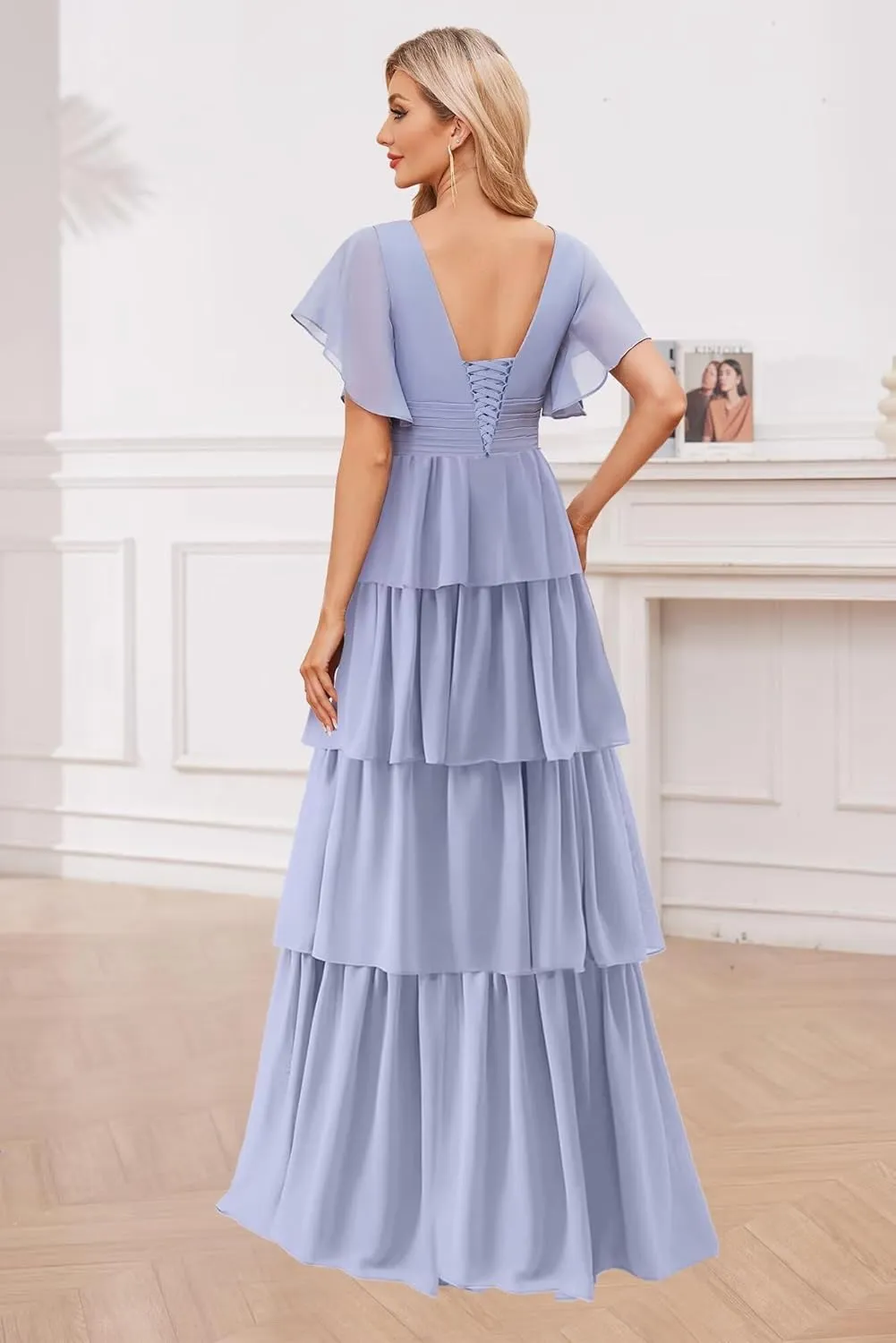 OFEECHUN V Neck Tiered Ruffle Bridesmaid Dresses for Women Flutter Sleeve Chiffon Long Formal Party Gown with Slit