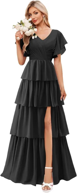 OFEECHUN V Neck Tiered Ruffle Bridesmaid Dresses for Women Flutter Sleeve Chiffon Long Formal Party Gown with Slit