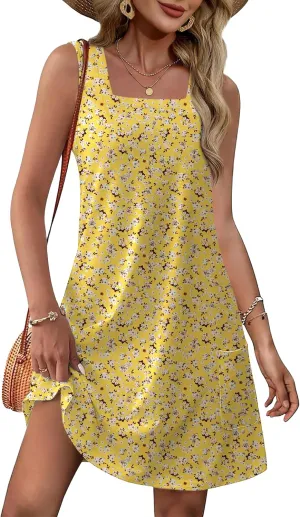 OFEEFAN Womens Square Neck Tank Dresses 2025 Summer Spring Loose Swing Sundresses with Pockets Plain/Print