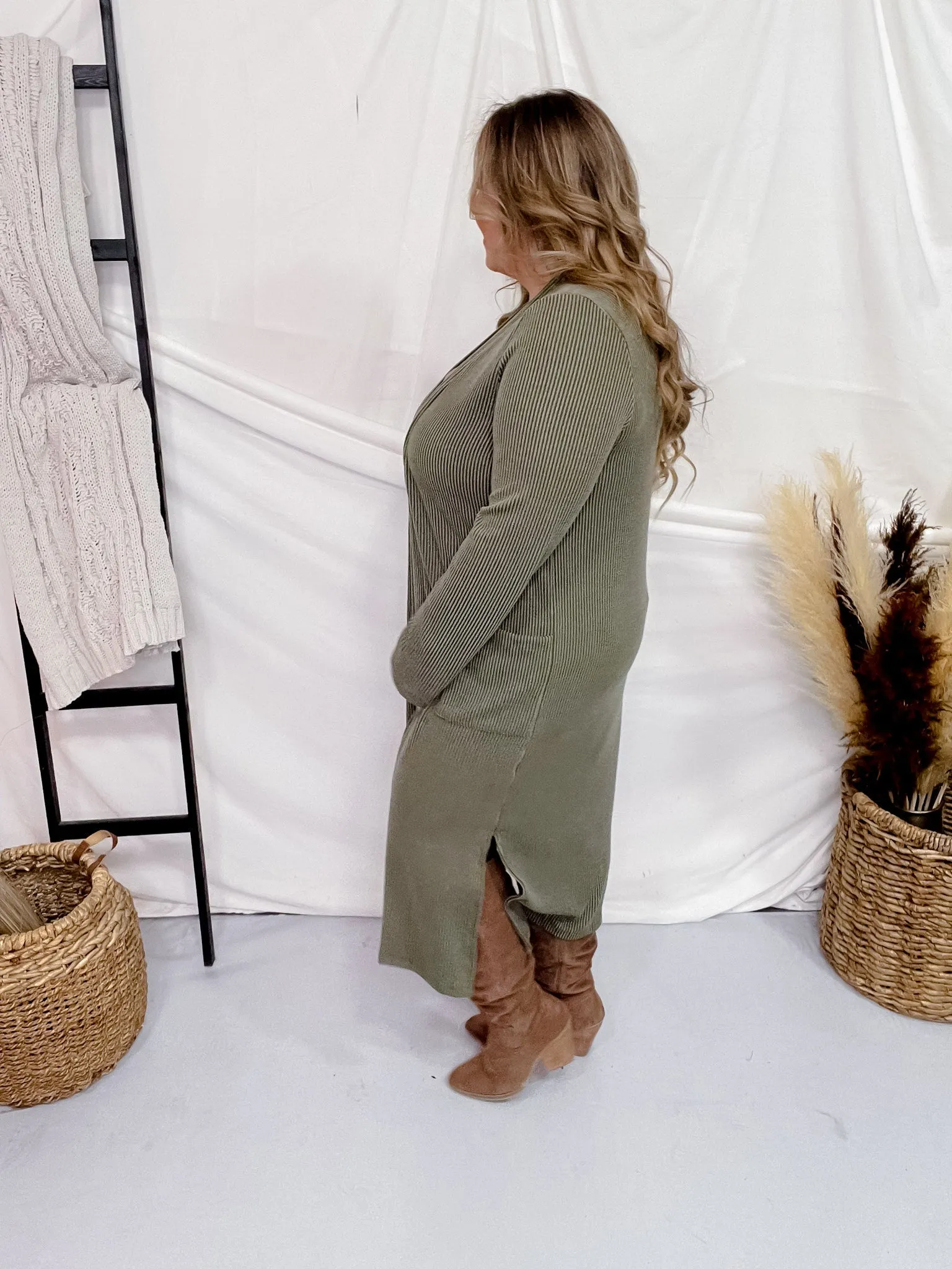 Olive Green Long Sleeve Ribbed Duster with Side Slits