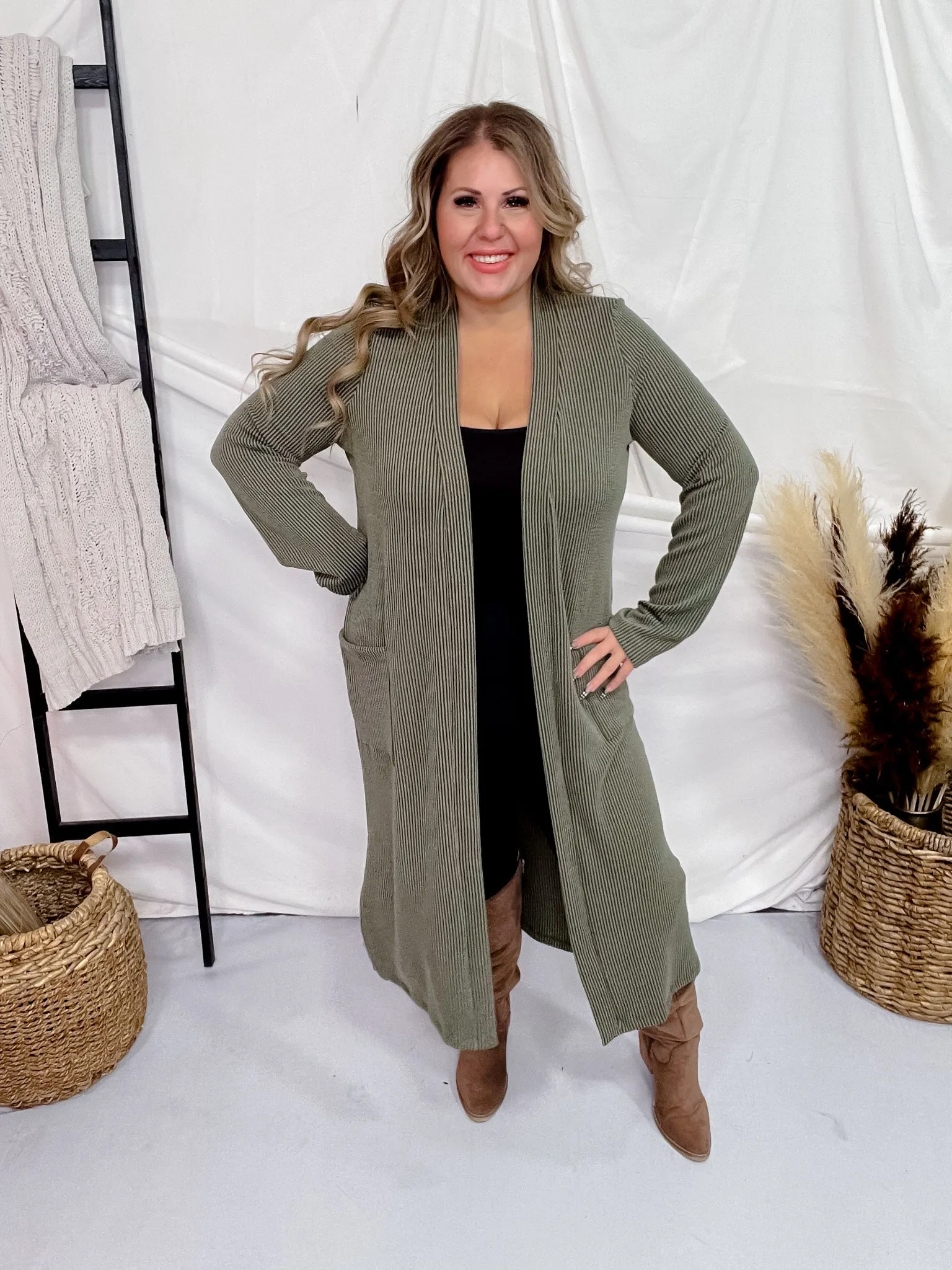 Olive Green Long Sleeve Ribbed Duster with Side Slits