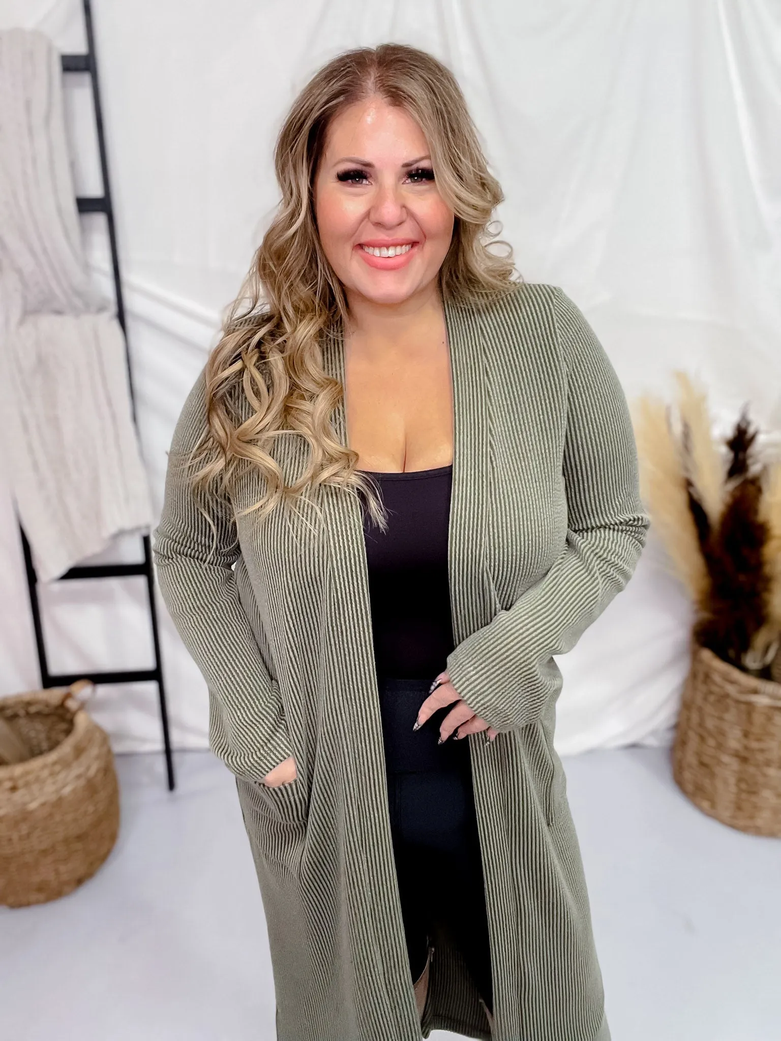 Olive Green Long Sleeve Ribbed Duster with Side Slits