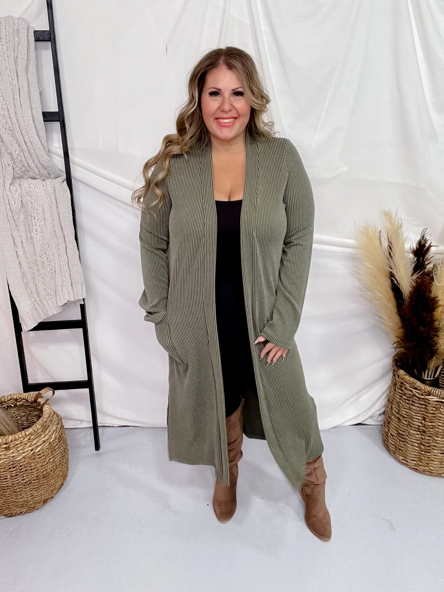 Olive Green Long Sleeve Ribbed Duster with Side Slits
