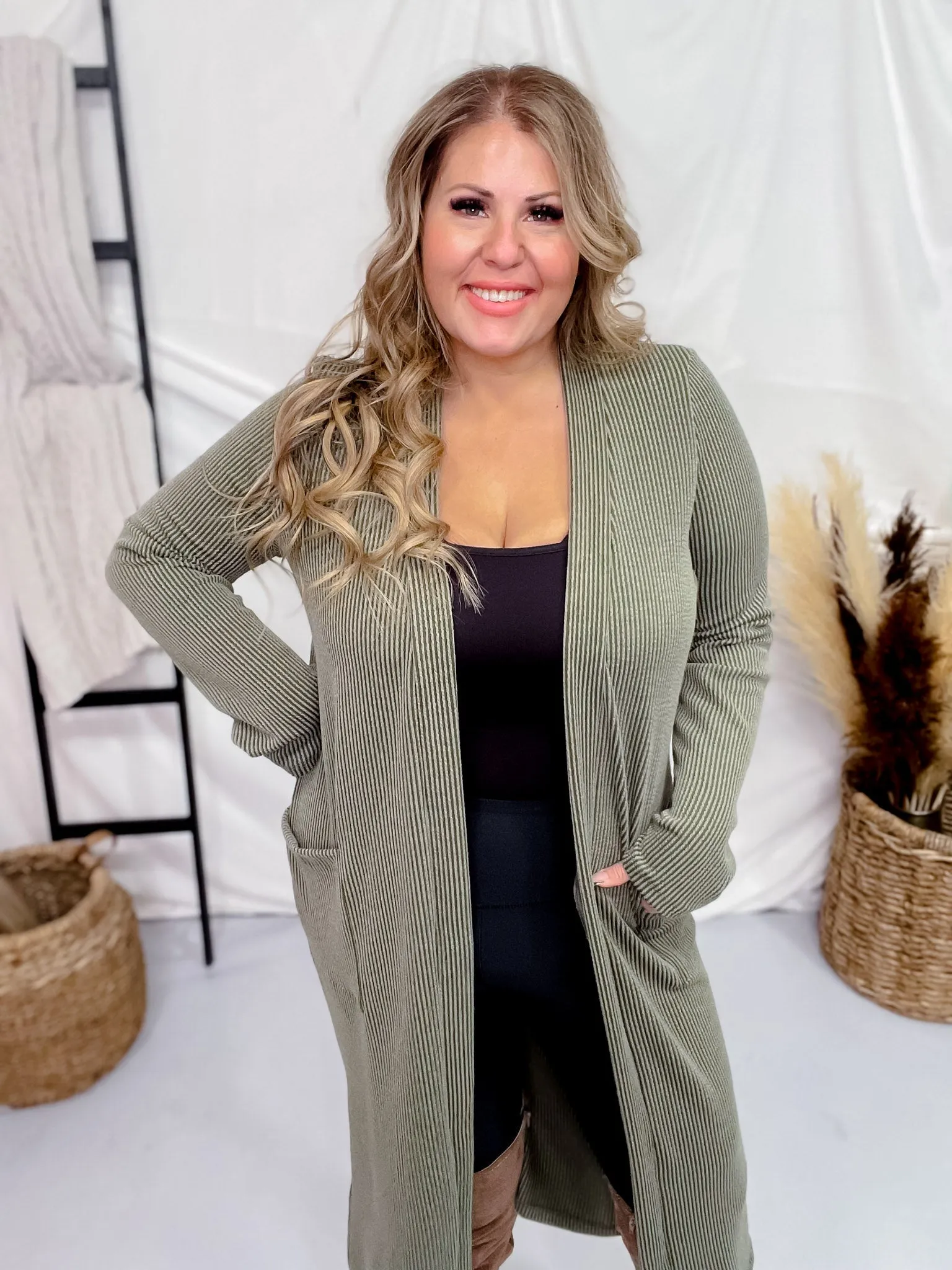 Olive Green Long Sleeve Ribbed Duster with Side Slits