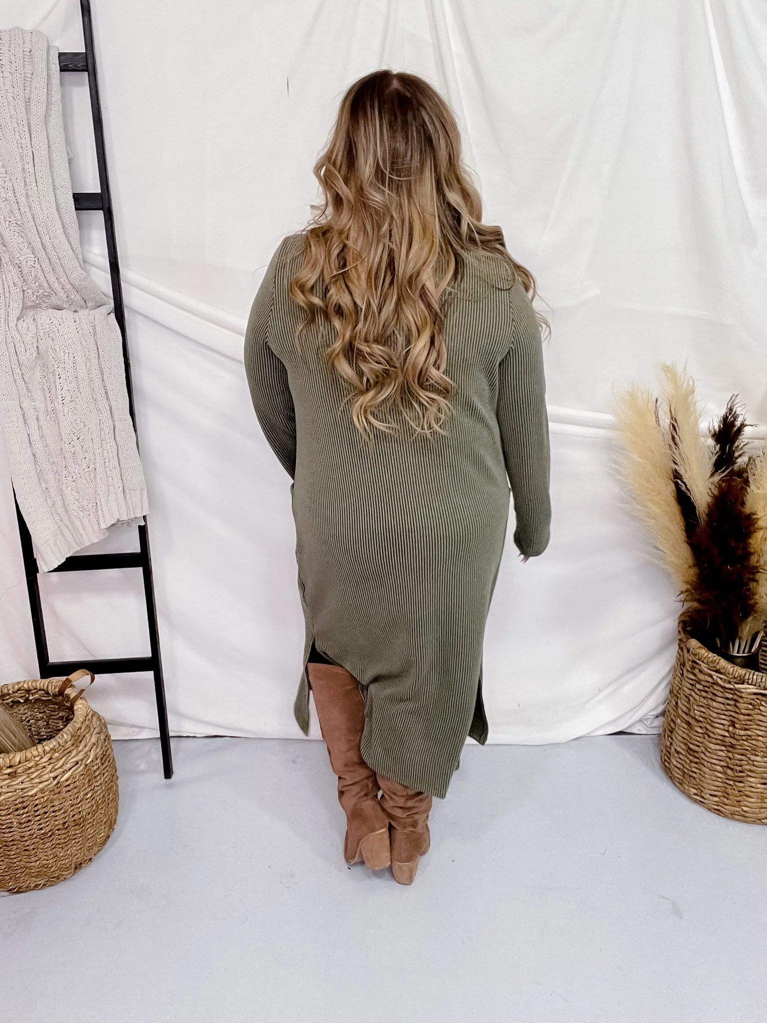 Olive Green Long Sleeve Ribbed Duster with Side Slits