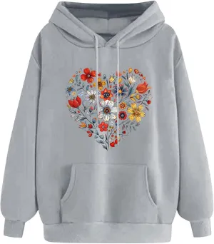 Oversized Sweatshirt for Women Heart Print Hoodie Cute Long Sleeve Sweatshirts Fleece Lined Hoodies with Pocket