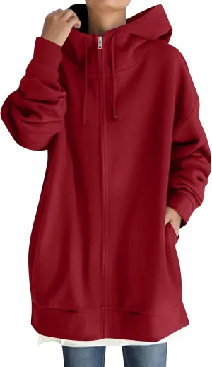 Oversized Zip Up Hoodies for Women Plus Size Long Fleece Jacket Casual Long Sleeve Cute Sweatshirts with Pockets
