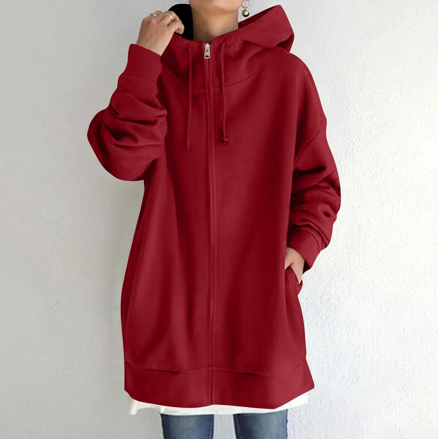 Oversized Zip Up Hoodies for Women Plus Size Long Fleece Jacket Casual Long Sleeve Cute Sweatshirts with Pockets