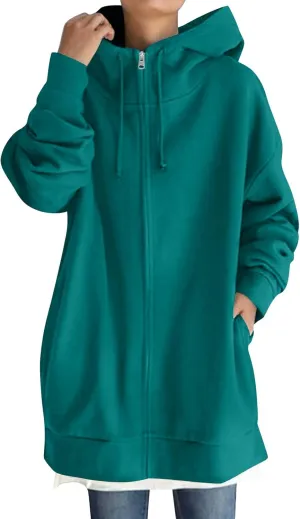 Oversized Zip Up Hoodies for Women Plus Size Long Sleeve Hooded Sweatshirt Casual Fall Long Fleece Jacket with Pockets