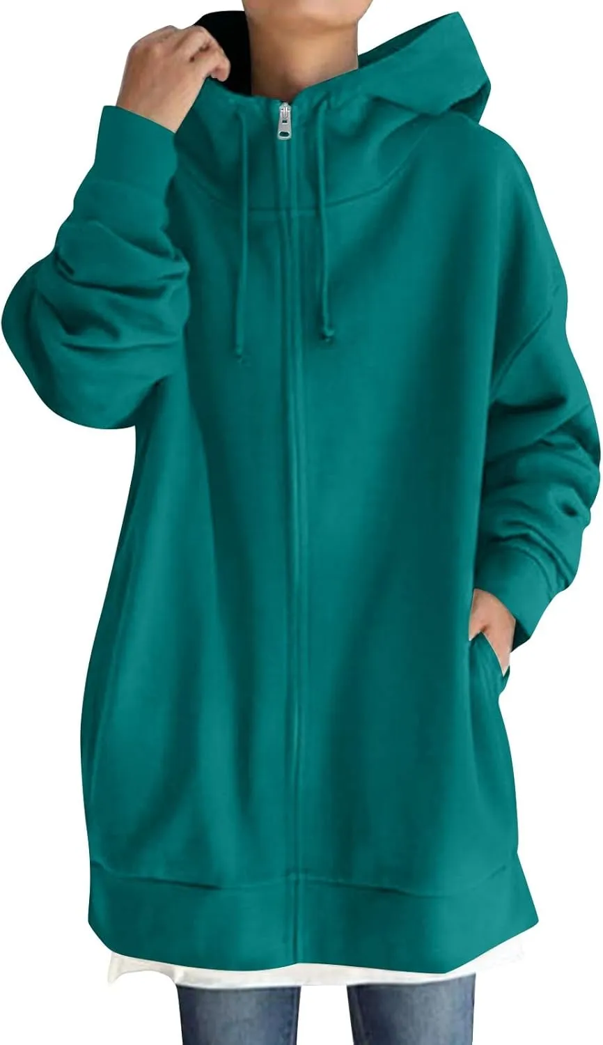 Oversized Zip Up Hoodies for Women Plus Size Long Sleeve Hooded Sweatshirt Casual Fall Long Fleece Jacket with Pockets