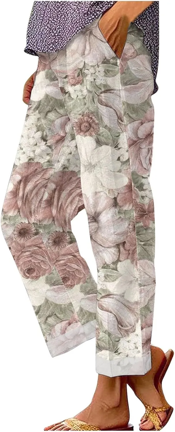 Palazzo Pants Women High Waist Wide Leg Printed Linen Pants Plus Size Summer Beach Trousers Flowy Comfy Lounge Pants