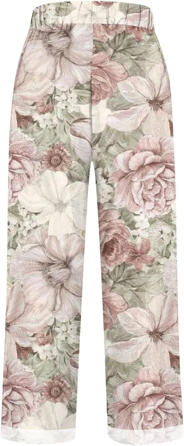 Palazzo Pants Women High Waist Wide Leg Printed Linen Pants Plus Size Summer Beach Trousers Flowy Comfy Lounge Pants