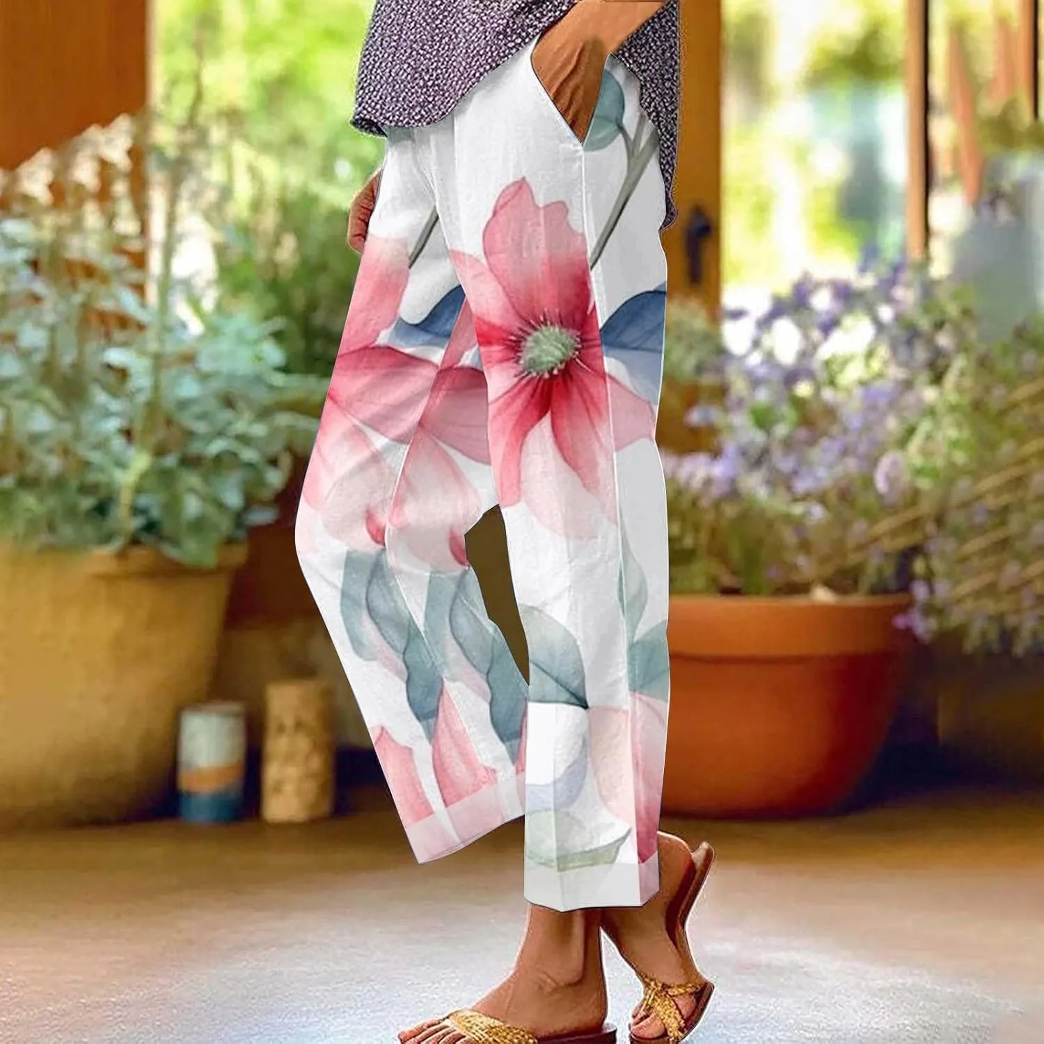 Palazzo Pants Women High Waist Wide Leg Printed Linen Pants Plus Size Summer Beach Trousers Flowy Comfy Lounge Pants