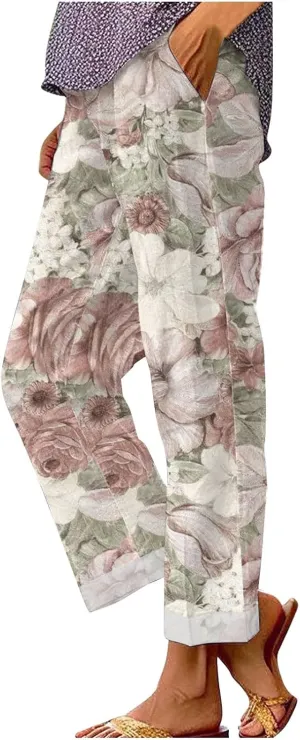 Palazzo Pants Women High Waist Wide Leg Printed Linen Pants Plus Size Summer Beach Trousers Flowy Comfy Lounge Pants