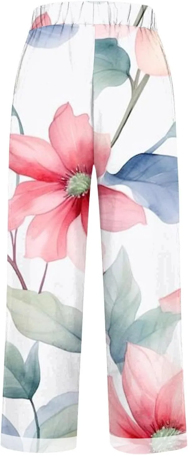 Palazzo Pants Women High Waist Wide Leg Printed Linen Pants Plus Size Summer Beach Trousers Flowy Comfy Lounge Pants