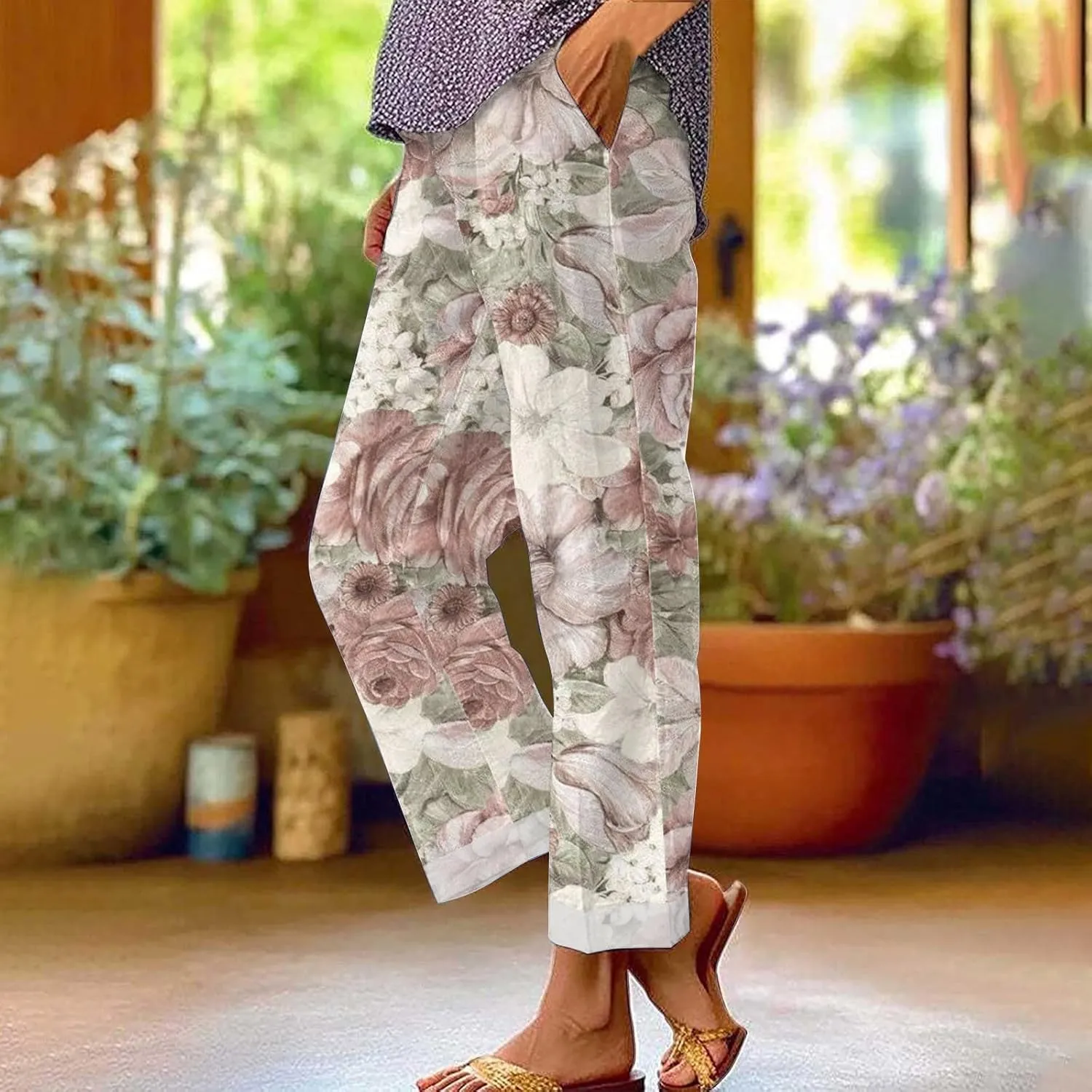 Palazzo Pants Women High Waist Wide Leg Printed Linen Pants Plus Size Summer Beach Trousers Flowy Comfy Lounge Pants