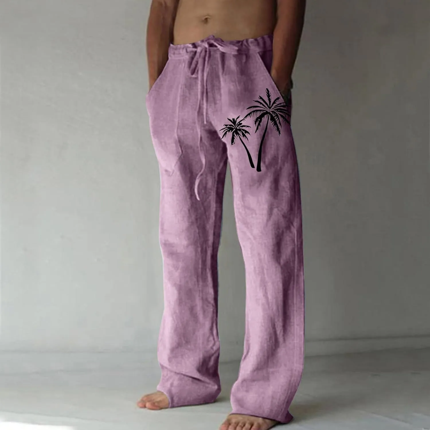 Palm Tree Print Cotton Linen Pants for Mens Slim Fit Straight-Leg Beach Pant Summer Casual Drawstring Trousers