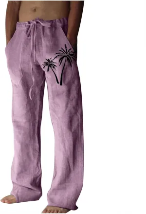 Palm Tree Print Cotton Linen Pants for Mens Slim Fit Straight-Leg Beach Pant Summer Casual Drawstring Trousers