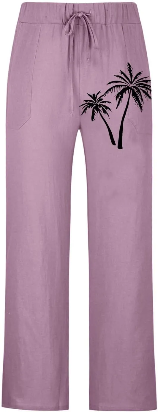 Palm Tree Print Cotton Linen Pants for Mens Slim Fit Straight-Leg Beach Pant Summer Casual Drawstring Trousers