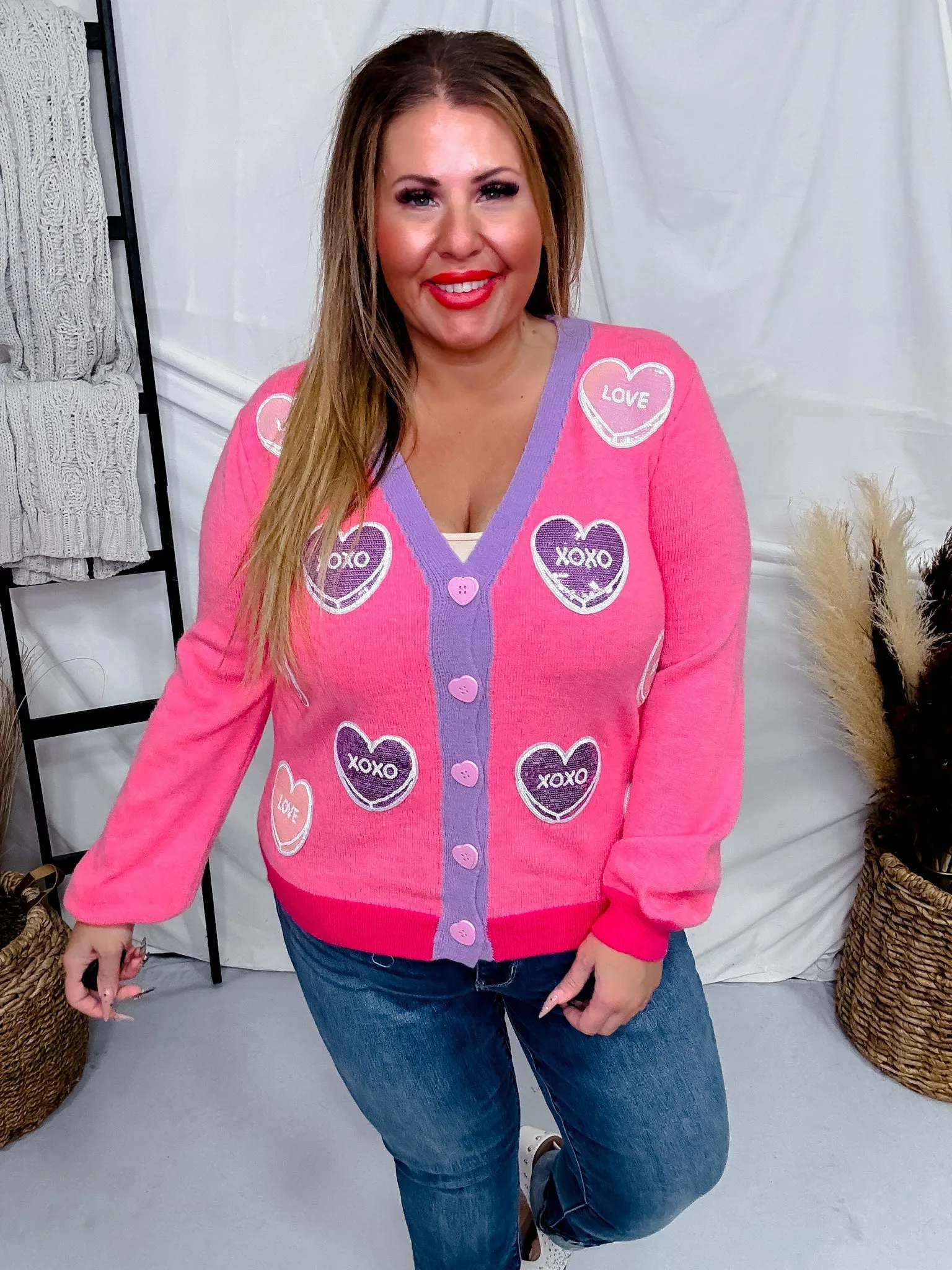Pink Heart Sequin Patch Cardigan