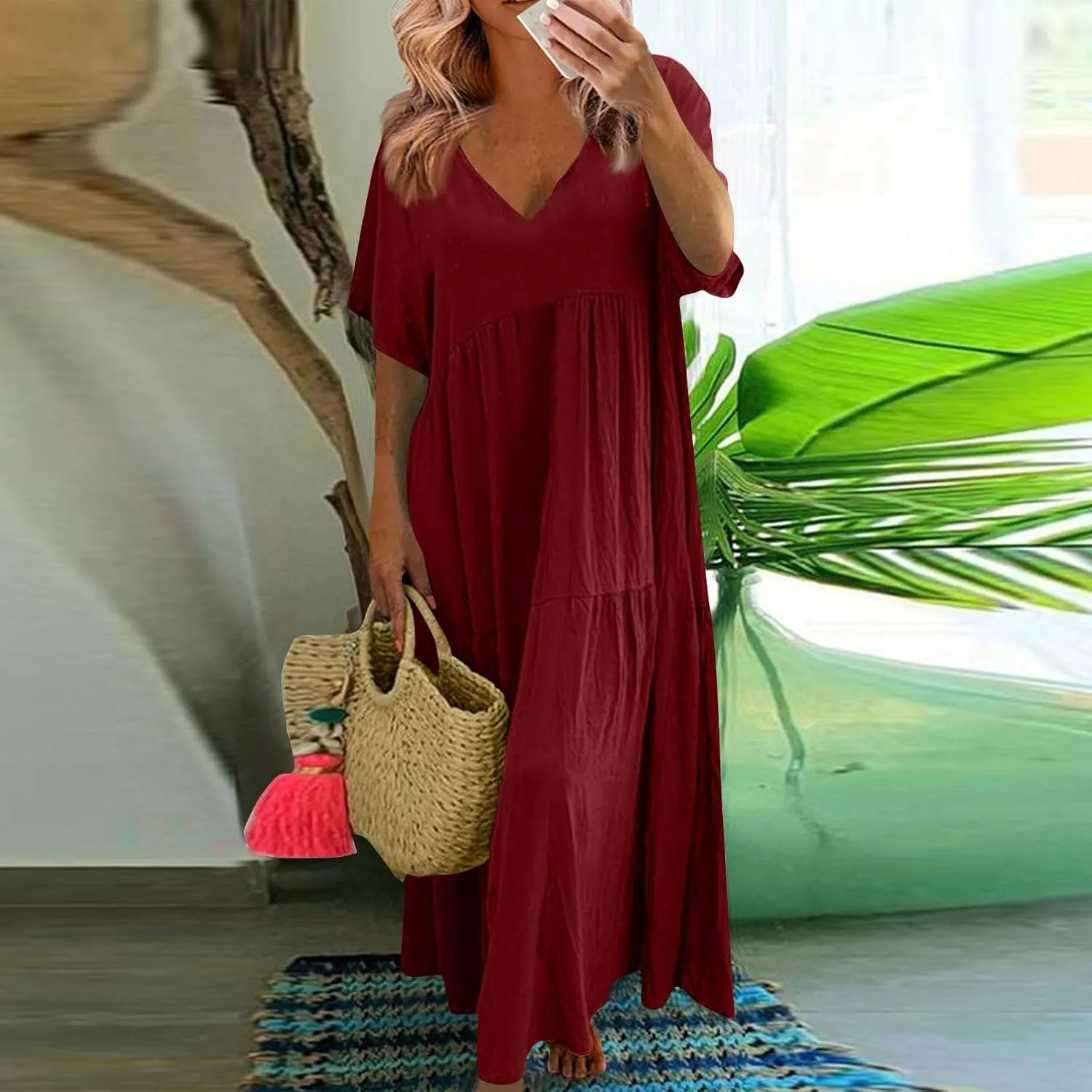 Plus Size Dress for Women V Neck Short Sleeve Linen Summer Dress Loose Casual Tiered Pleated Flowy Maxi Dresses