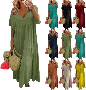 Plus Size Dress for Women V Neck Short Sleeve Linen Summer Dress Loose Casual Tiered Pleated Flowy Maxi Dresses