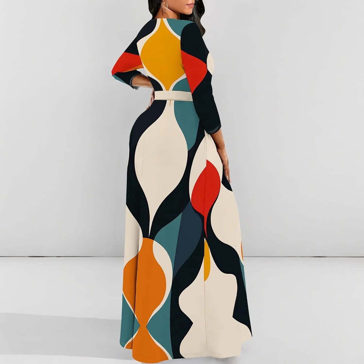 Plus Size Dresses for Curvy Women Sexy Long Sleeve Round Neck Wrap Floor Length Maxi Sundress with Belt Maxi Dress