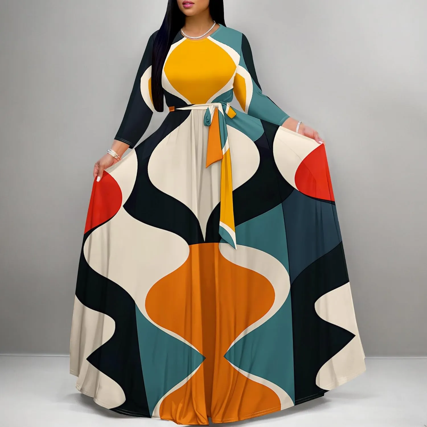 Plus Size Dresses for Curvy Women Sexy Long Sleeve Round Neck Wrap Floor Length Maxi Sundress with Belt Maxi Dress
