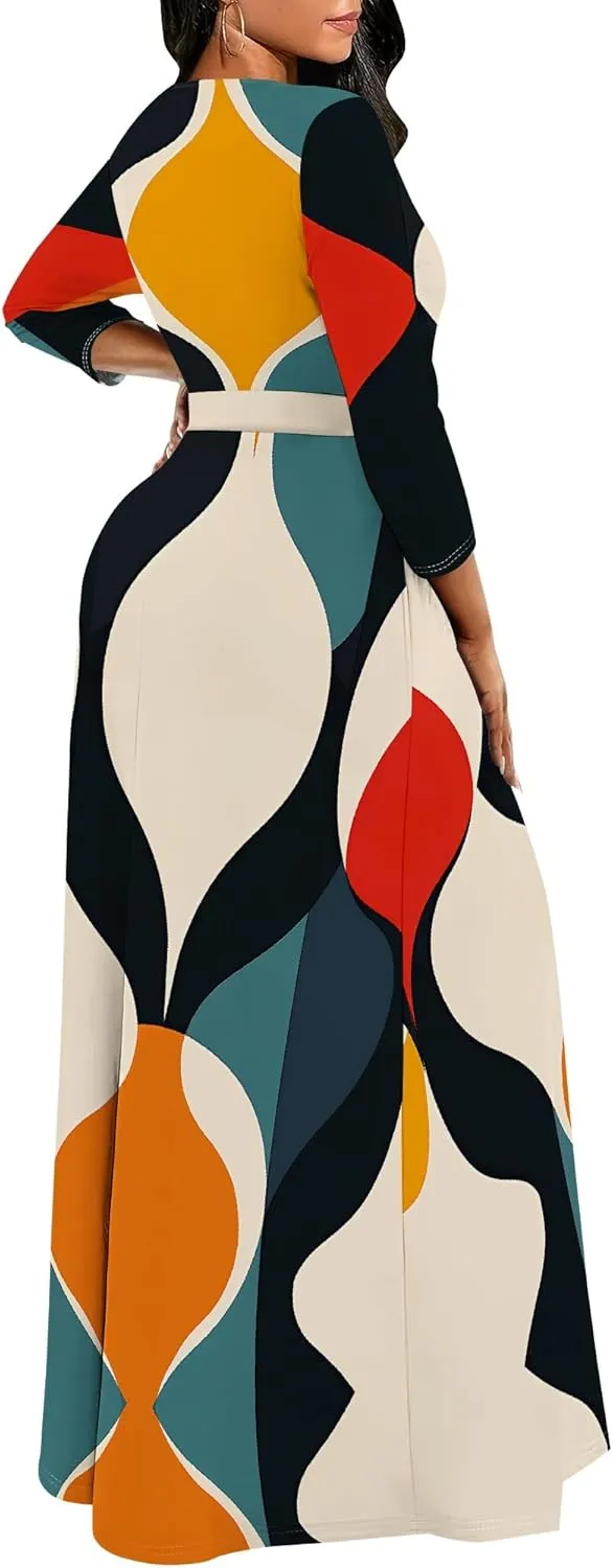 Plus Size Dresses for Curvy Women Sexy Long Sleeve Round Neck Wrap Floor Length Maxi Sundress with Belt Maxi Dress