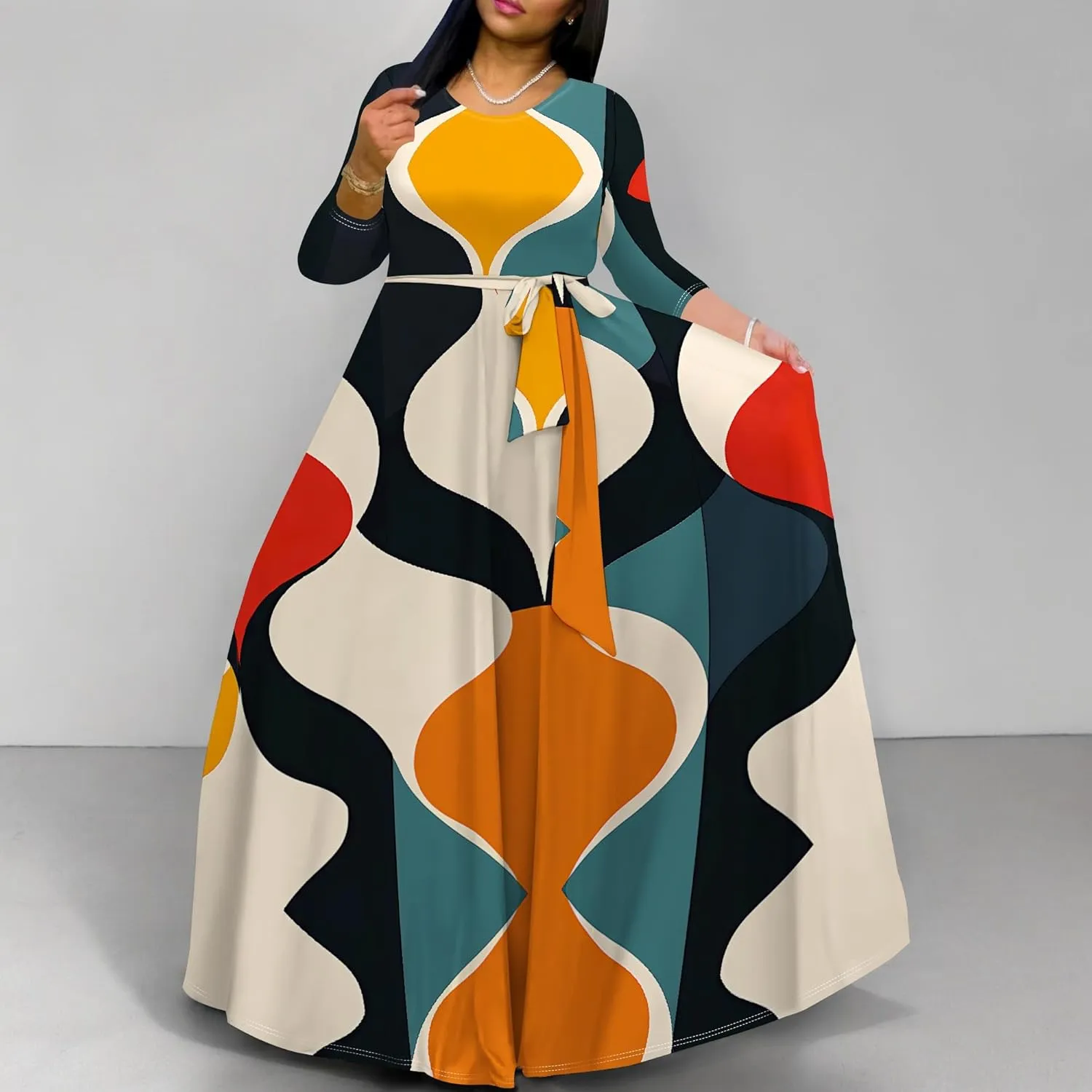 Plus Size Dresses for Curvy Women Sexy Long Sleeve Round Neck Wrap Floor Length Maxi Sundress with Belt Maxi Dress