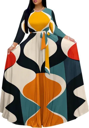 Plus Size Dresses for Curvy Women Sexy Long Sleeve Round Neck Wrap Floor Length Maxi Sundress with Belt Maxi Dress