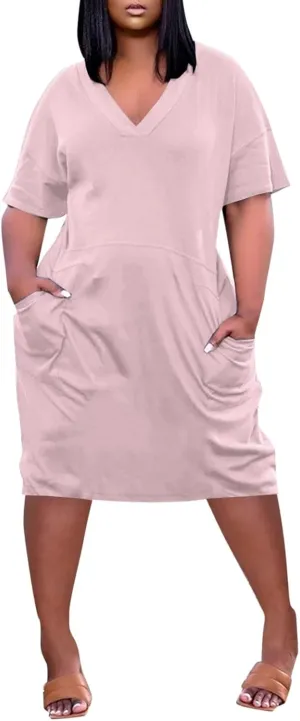 Plus Size Dresses for Curvy Women Summer 2025 Casual Short Sleeve V Neck Midi Dress with Pockets Beach Vacation Dress
